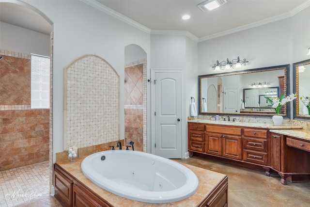 bathroom featuring ornamental molding, shower with separate bathtub, and vanity