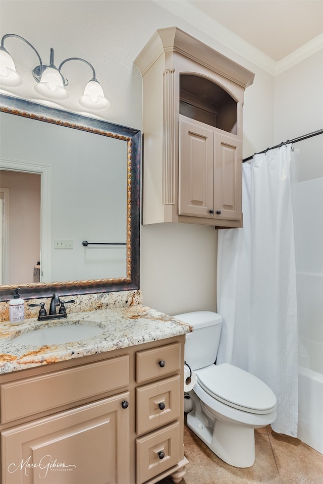 full bathroom with shower / tub combo with curtain, vanity, ornamental molding, toilet, and tile patterned floors