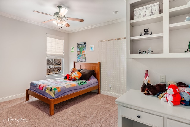 bedroom with crown molding, light colored carpet, and ceiling fan