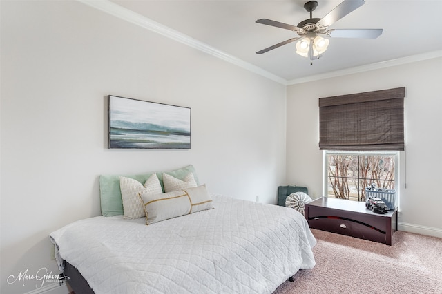 bedroom with crown molding, carpet floors, and ceiling fan