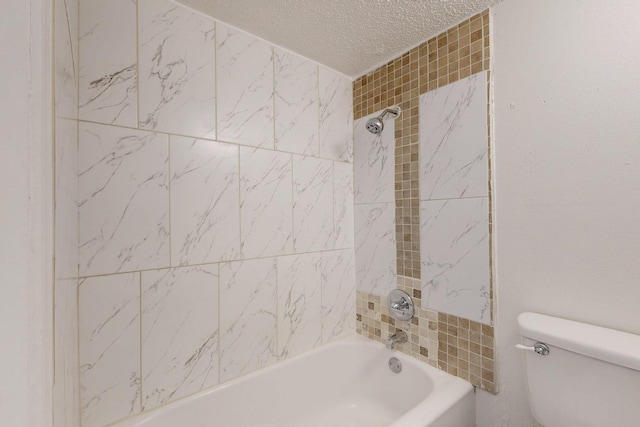 full bath with a textured ceiling, shower / tub combination, and toilet