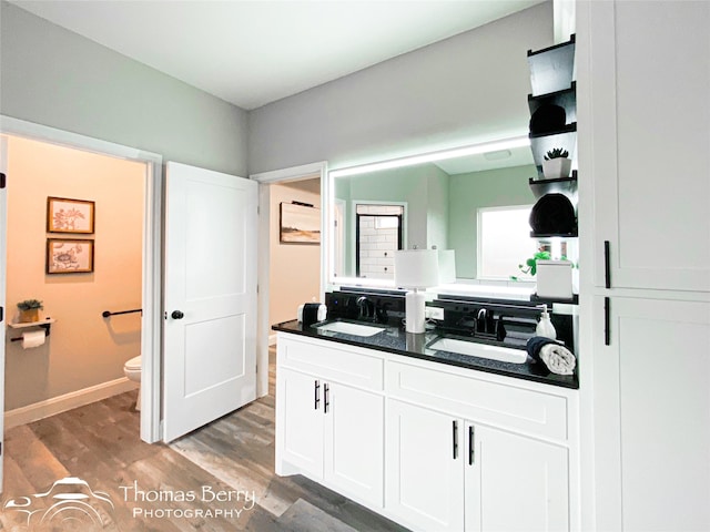 bathroom featuring wood-type flooring, toilet, and vanity