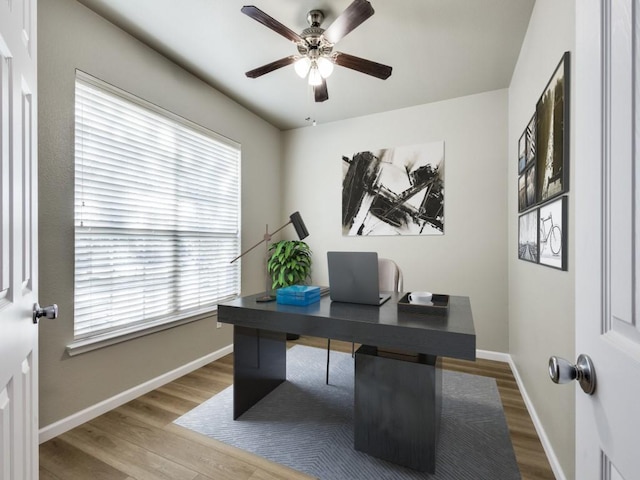 office area featuring ceiling fan and wood-type flooring