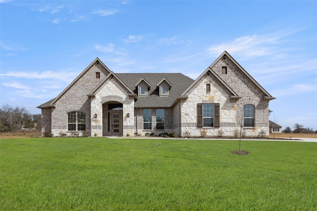 french country style house featuring brick siding, a shingled roof, and a front lawn