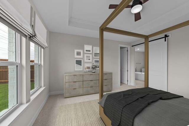 11529 Wulstone Rd, Fort Worth, TX 76052 - bedroom with light colored carpet, a barn door, ensuite bath, baseboards, and a ceiling fan