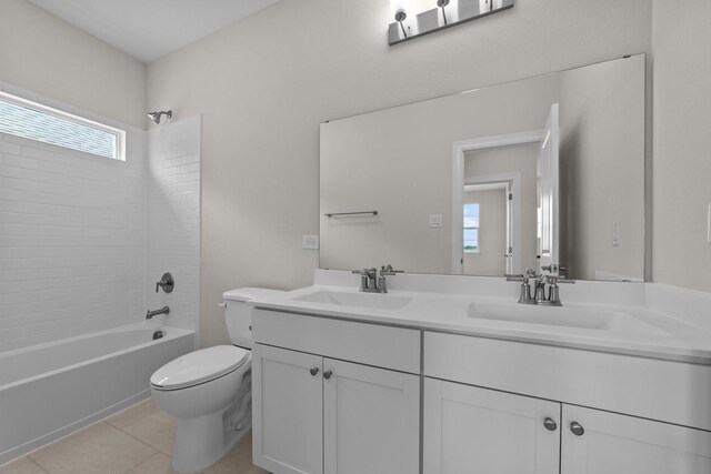 11529 Wulstone Rd, Fort Worth, TX 76052 - bathroom with toilet, tile patterned floors, shower / tub combination, and double vanity