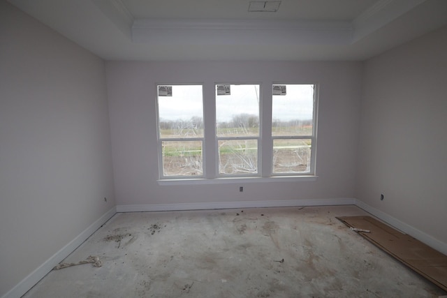 spare room with ornamental molding and a raised ceiling