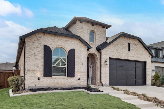 french provincial home with brick siding, driveway, an attached garage, and a front lawn
