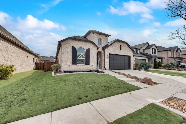 view of front facade featuring brick siding, concrete driveway, a residential view, fence, and a front yard