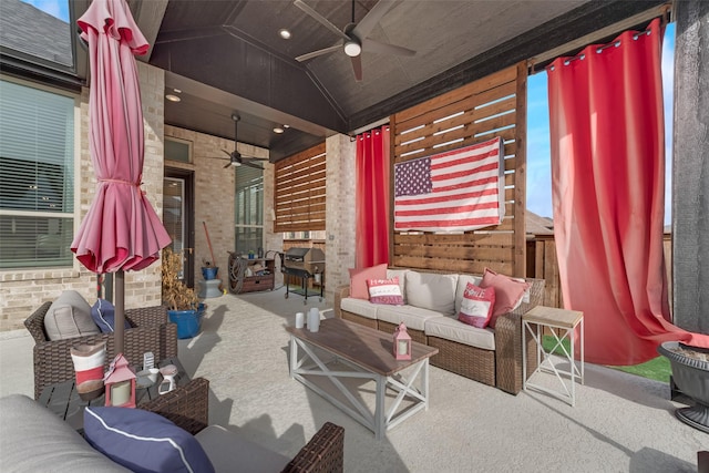 carpeted living area featuring high vaulted ceiling and a ceiling fan