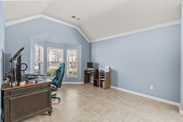 home office with light tile patterned flooring, visible vents, baseboards, vaulted ceiling, and ornamental molding