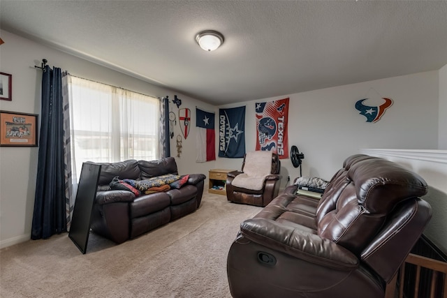 home theater room featuring carpet flooring and a textured ceiling