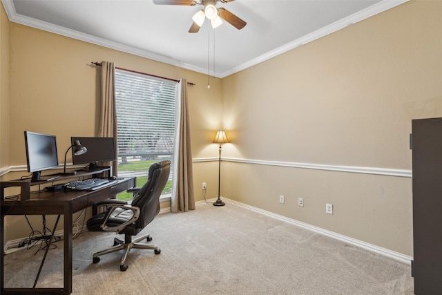 home office with ornamental molding, carpet flooring, and baseboards