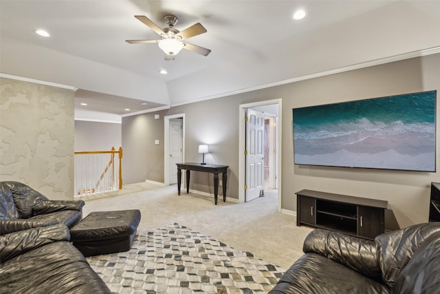 living area with recessed lighting, ornamental molding, carpet flooring, ceiling fan, and baseboards