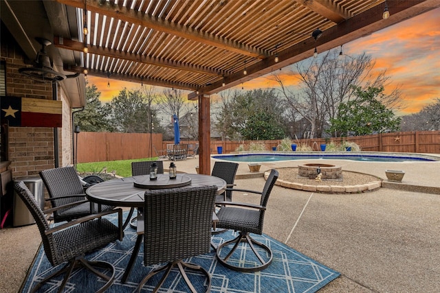 patio terrace at dusk with outdoor dining area, a fenced backyard, a fenced in pool, and a pergola