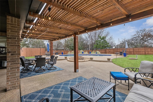 view of patio / terrace featuring outdoor dining space, a fenced backyard, a fenced in pool, and a pergola