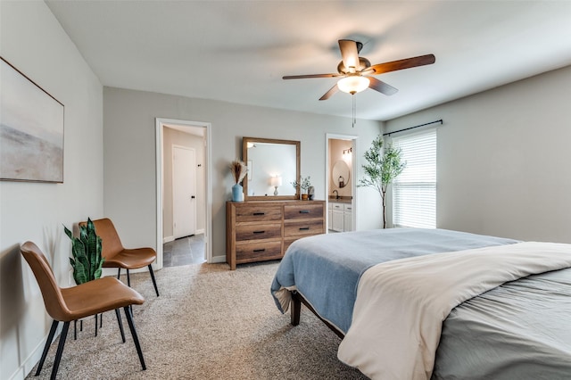 carpeted bedroom featuring ceiling fan