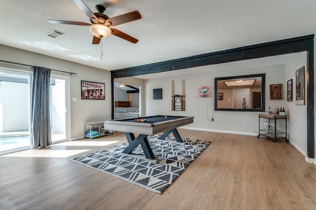 game room featuring ceiling fan, pool table, and hardwood / wood-style floors