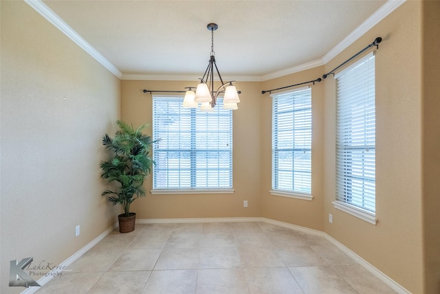 unfurnished dining area with crown molding, a chandelier, and light tile patterned floors