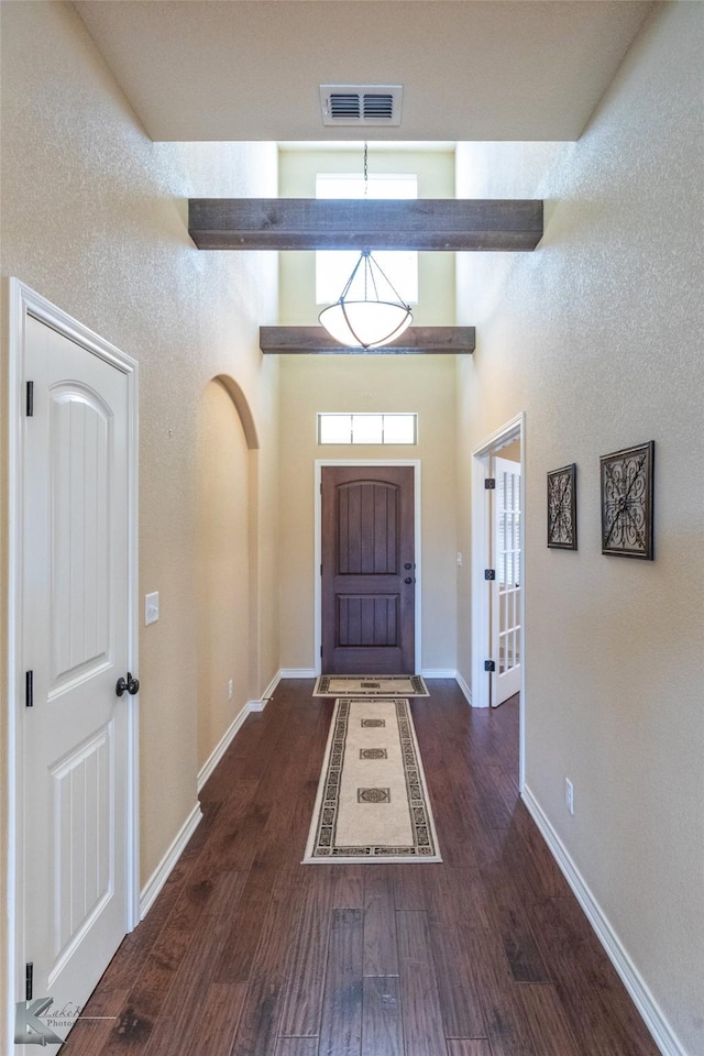 foyer featuring a high ceiling and dark wood-type flooring