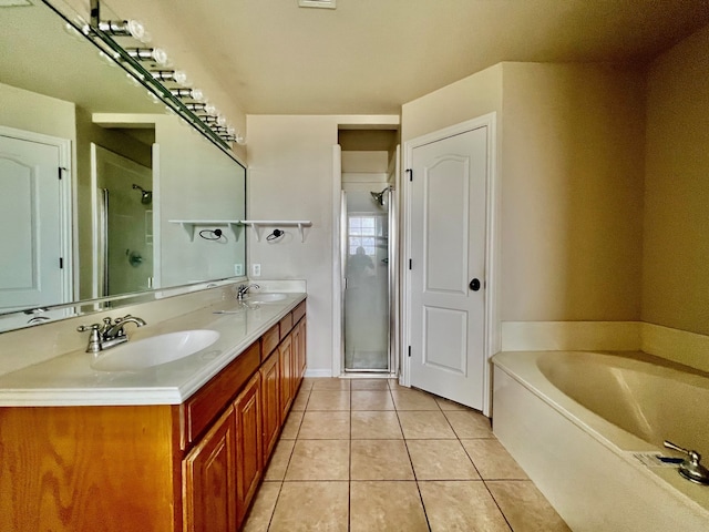 813 El Campo Dr, Rio Vista, TX 76093 - bathroom with vanity, separate shower and tub, and tile patterned flooring