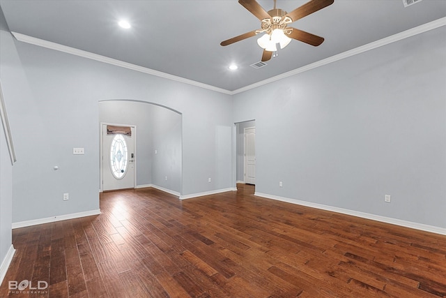 unfurnished room featuring crown molding, dark hardwood / wood-style floors, and ceiling fan