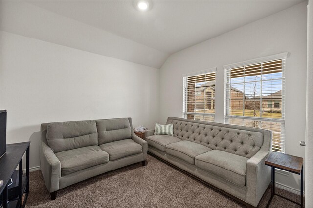 126 Condor Pass, Caddo Mills, TX 75135 - carpeted living room with lofted ceiling and baseboards