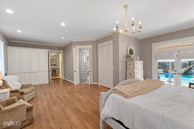 bedroom with light wood-style floors, access to outside, crown molding, and french doors