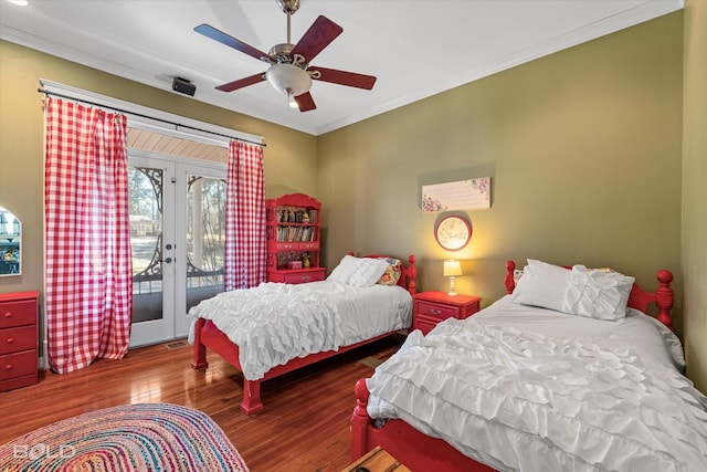 bedroom featuring access to exterior, french doors, a ceiling fan, ornamental molding, and wood finished floors