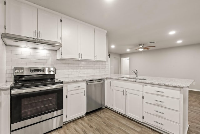 kitchen featuring white cabinetry, appliances with stainless steel finishes, sink, and kitchen peninsula