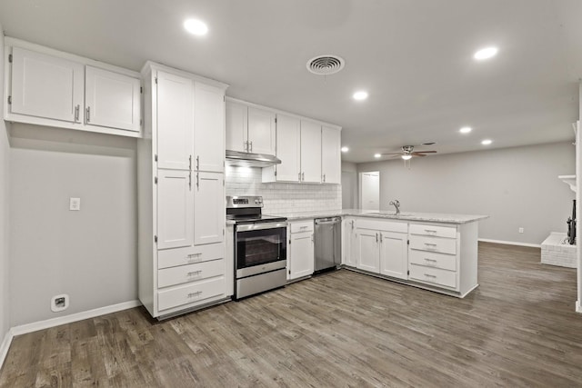 kitchen with sink, white cabinets, backsplash, kitchen peninsula, and stainless steel appliances