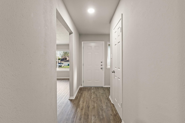 interior space with dark hardwood / wood-style floors