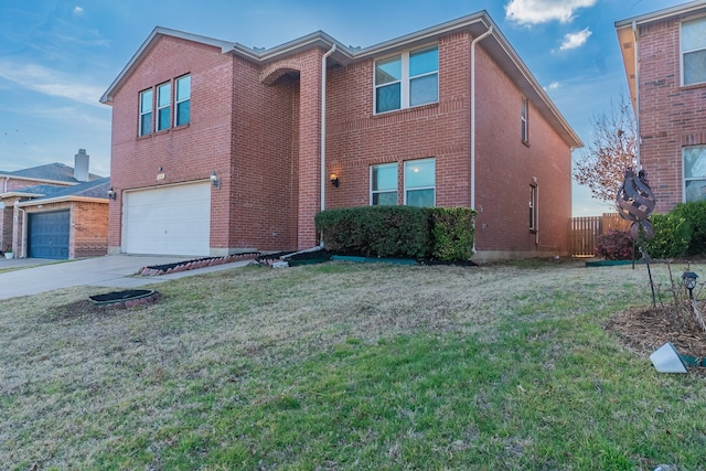 traditional home featuring concrete driveway, brick siding, a front lawn, and an attached garage