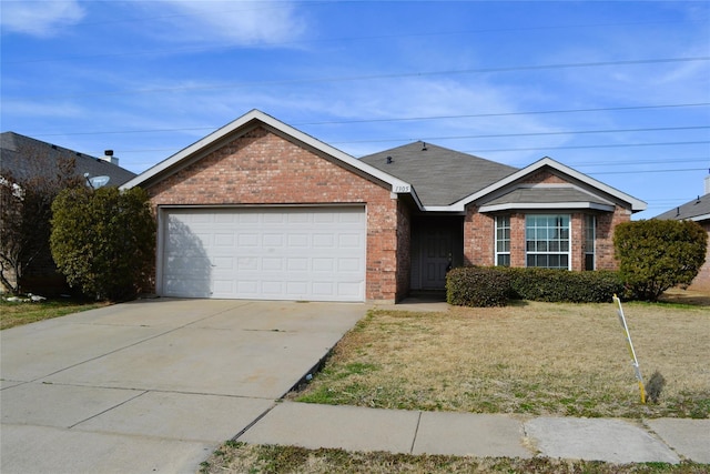 ranch-style home featuring a garage and a front lawn