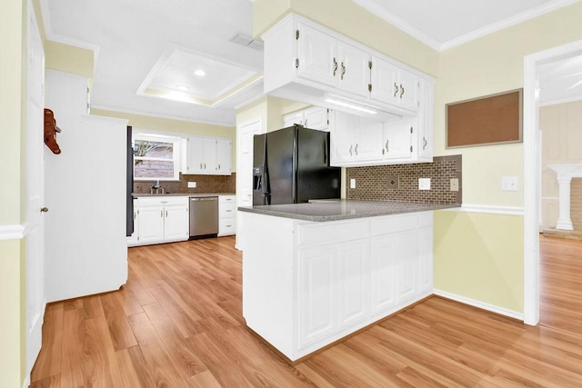 kitchen with black fridge with ice dispenser, dishwasher, and white cabinets