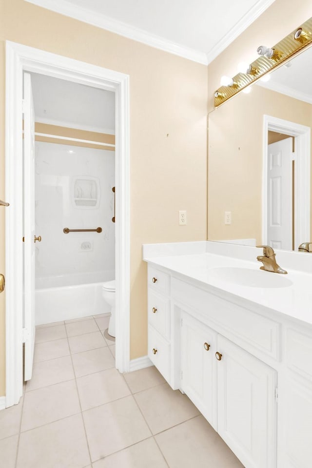 full bathroom featuring tile patterned flooring, vanity, crown molding, and toilet