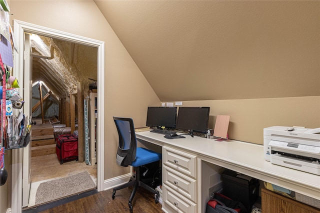 office area with lofted ceiling and dark hardwood / wood-style flooring