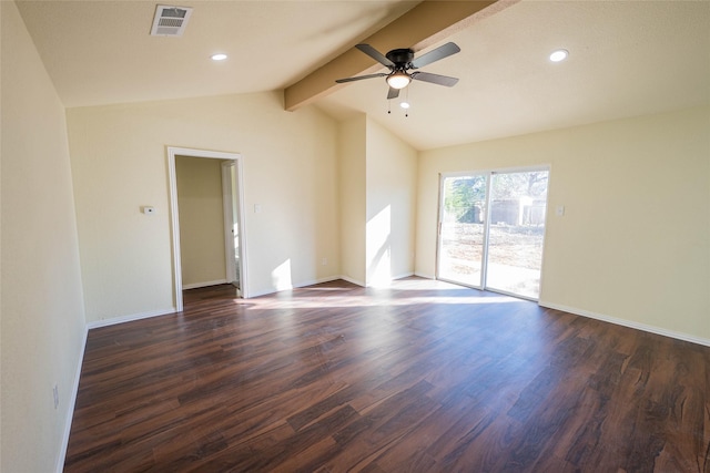 spare room with vaulted ceiling with beams, dark wood-type flooring, and ceiling fan