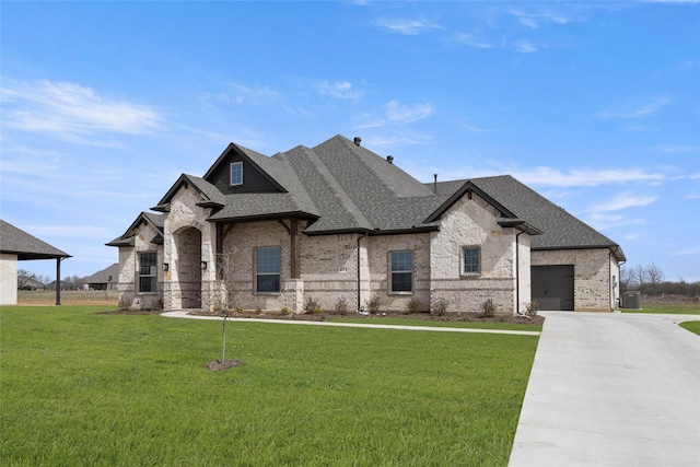 french country home featuring driveway, brick siding, a front yard, and a shingled roof