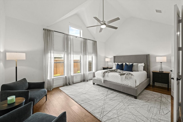 bedroom with high vaulted ceiling, visible vents, ceiling fan, and light wood finished floors