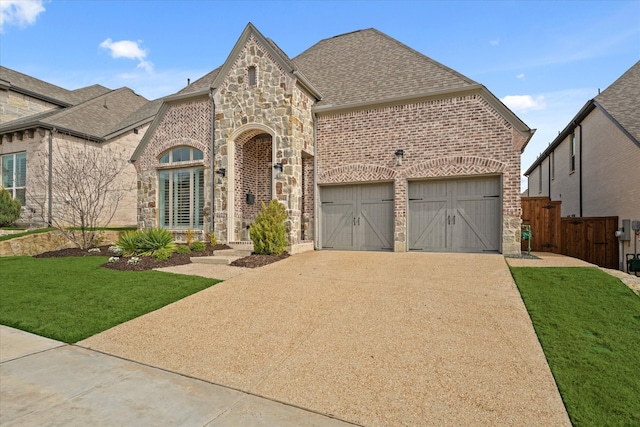 french country style house featuring stone siding, brick siding, concrete driveway, and roof with shingles