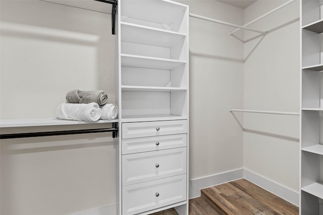 spacious closet with dark wood-type flooring