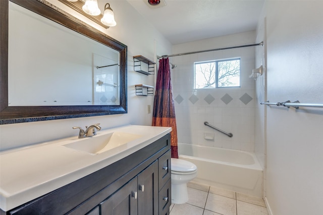 full bathroom with tile patterned flooring, vanity, shower / tub combo with curtain, and toilet