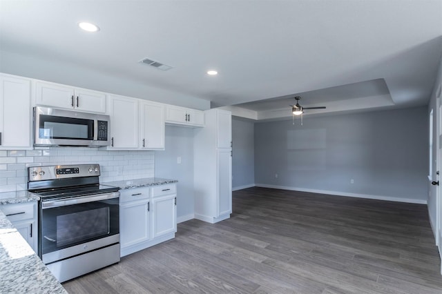 kitchen with white cabinetry, a tray ceiling, wood-type flooring, and stainless steel appliances