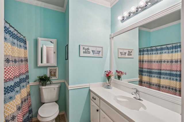 bathroom featuring ornamental molding, walk in shower, vanity, and toilet