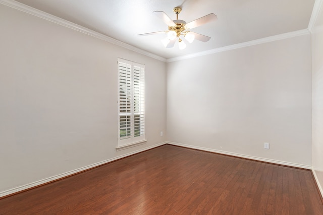 unfurnished room featuring hardwood / wood-style flooring, ornamental molding, and ceiling fan