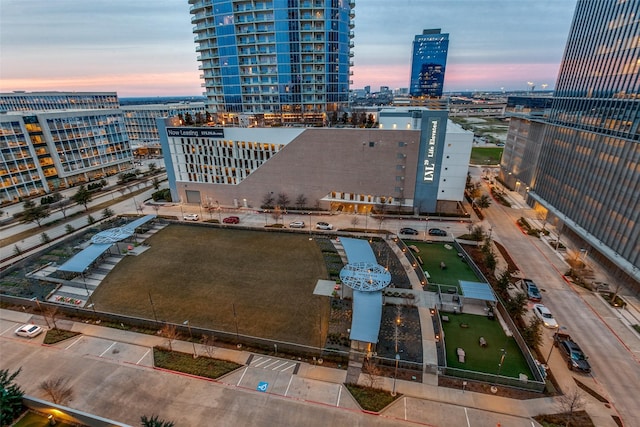 view of aerial view at dusk