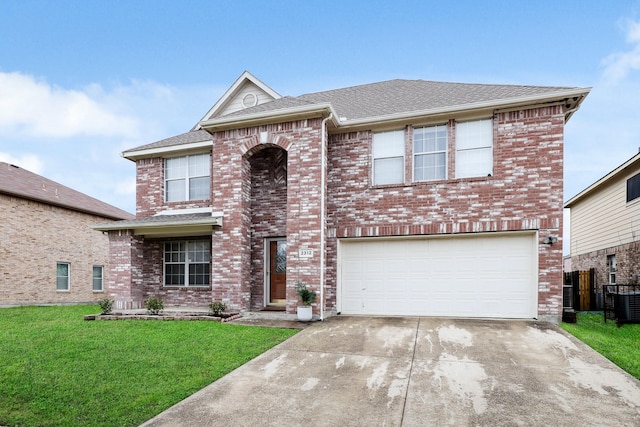 2312 Bantry Ln, Arlington, TX 76002 - traditional-style house with an attached garage, driveway, brick siding, roof with shingles, and central AC