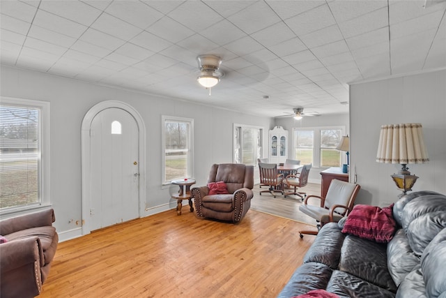 living room featuring ceiling fan and light hardwood / wood-style flooring