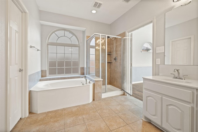 1300 Spanish Needle Trl, Fort Worth, TX 76177 - bathroom with a shower stall, tile patterned floors, visible vents, and a bath